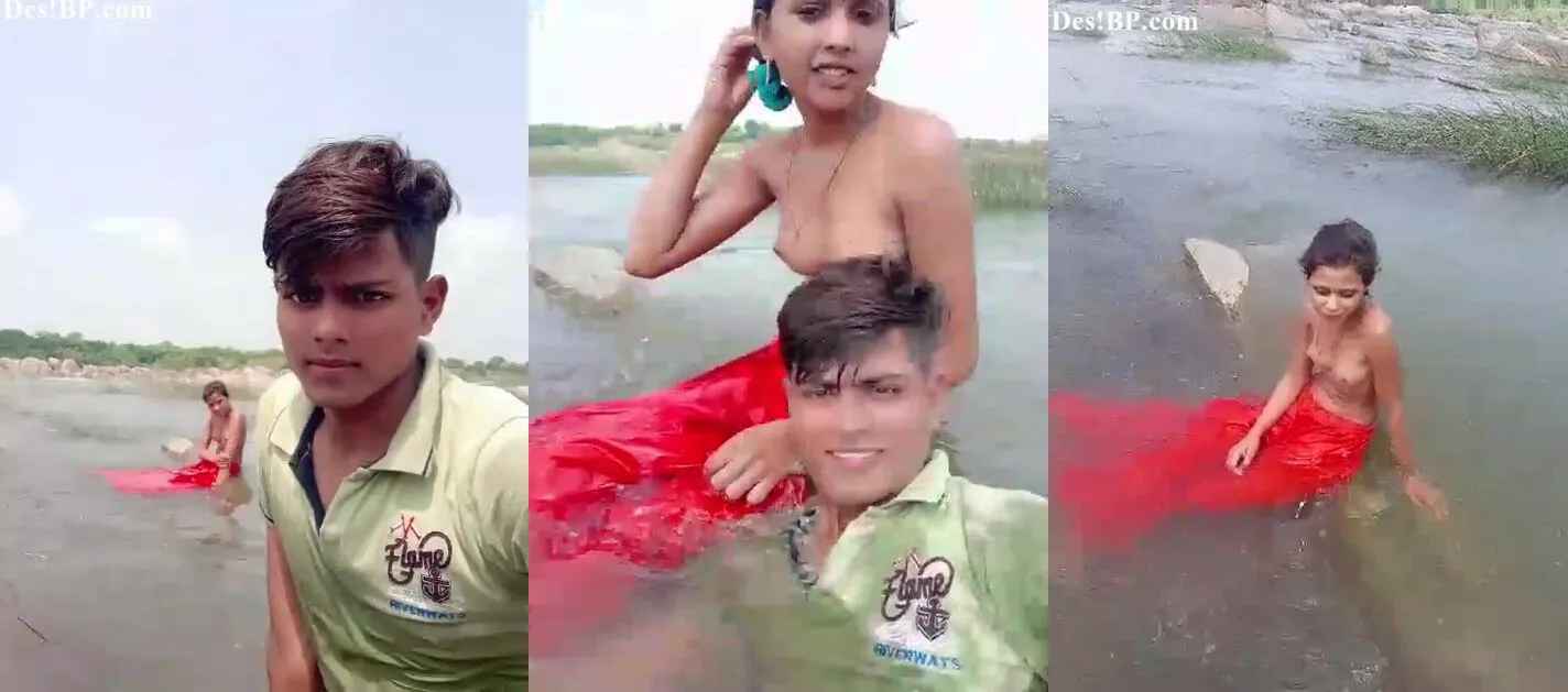 Bihari young village girl bathing nude outdoor with boyfriend