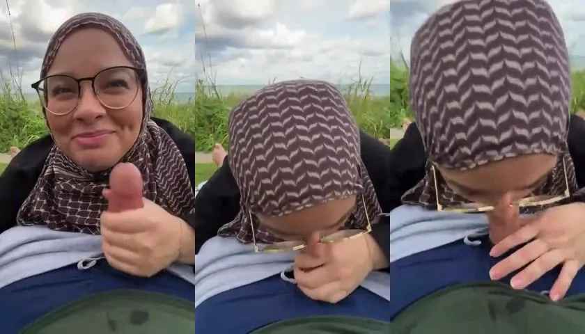Hijabi young Muslim girl's hot outdoor blowjob to lover