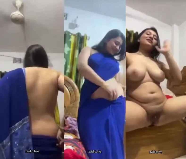 Lusty girl in saree showing nude big boobs and hairy pussy