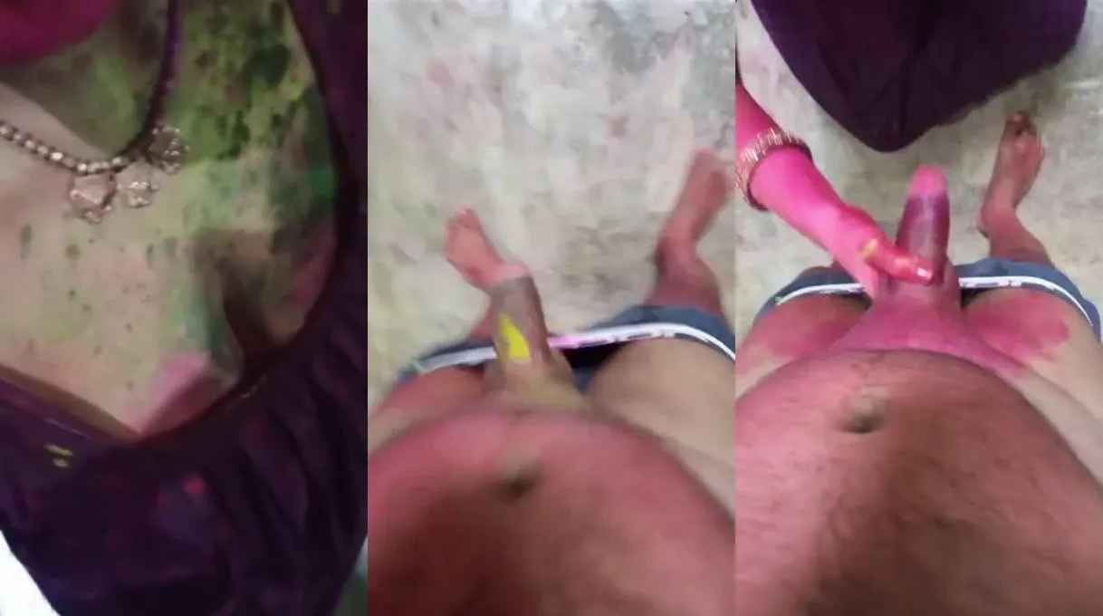 Sexy bitch wife giving blowjob to hubby's colourful dick on Holi