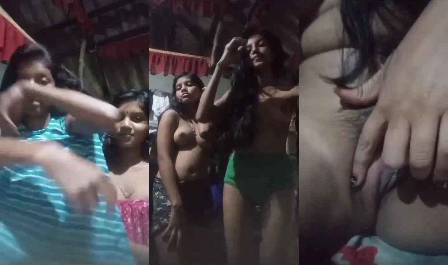 Two slutty village girls showing boobs and pussy together in selfie mms