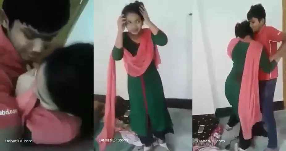 Young Bihari boy kissing her shy girlfriend front of friends