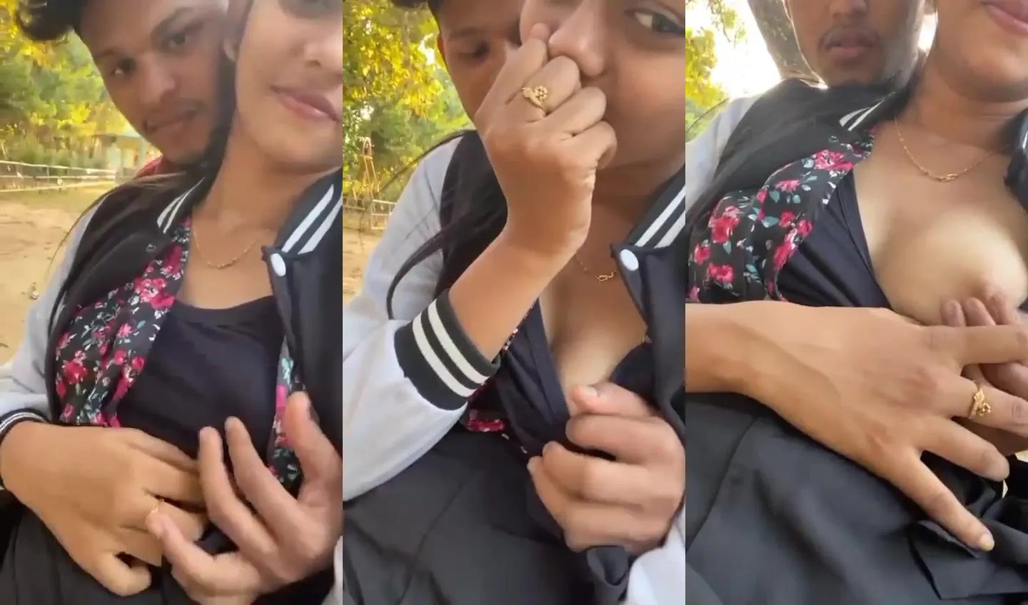 South Indian boy playing with gf's smooth boobs in public park